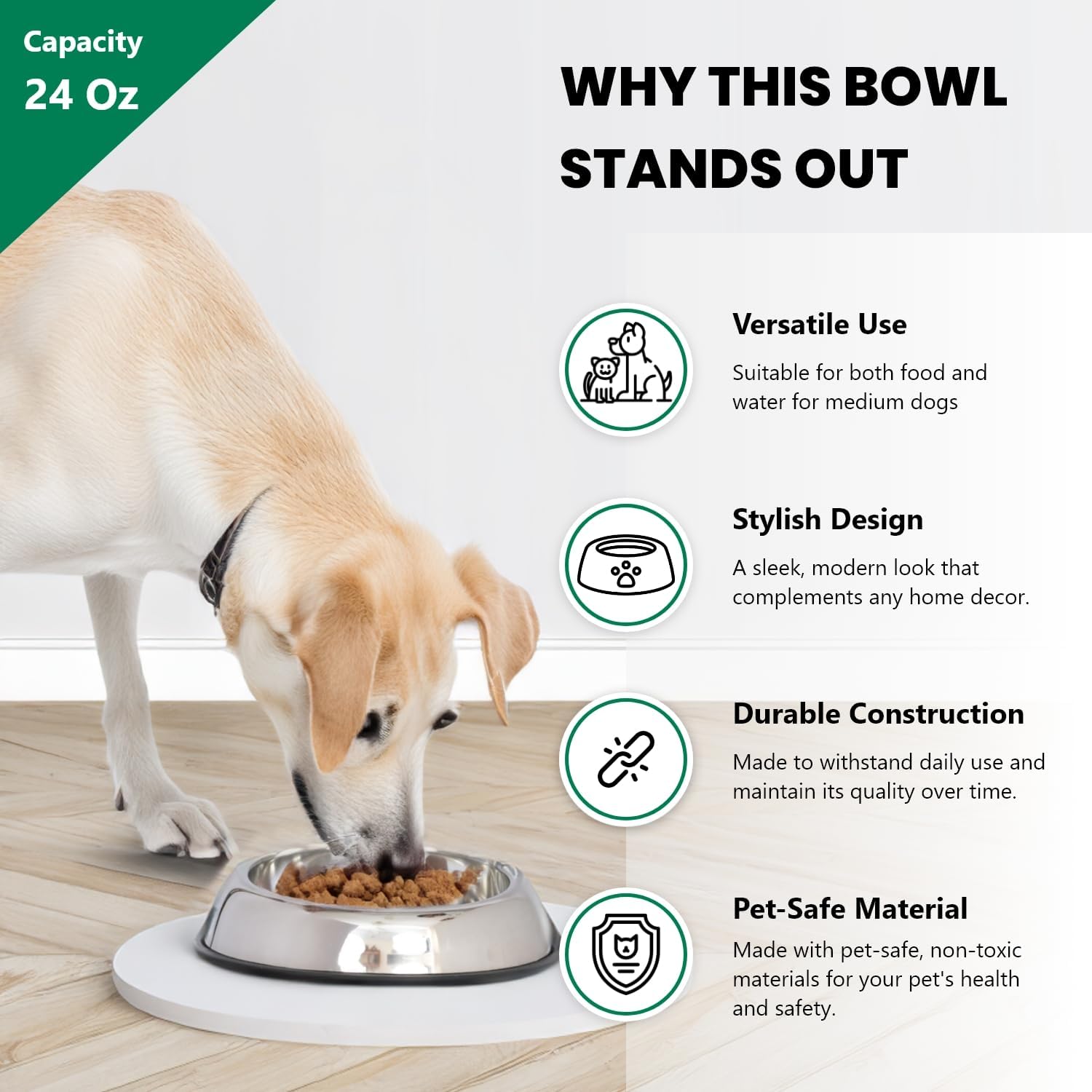 Iconic Pet 3 Cup/24 Oz Heavy Weight Non-Skid Stainless Steel High Back Pet Food/Water Bowls with Removable Anti Skid Rubber Ring - Dog/Cat Feeding Bowl in Unique Design, Dishwasher Safe
