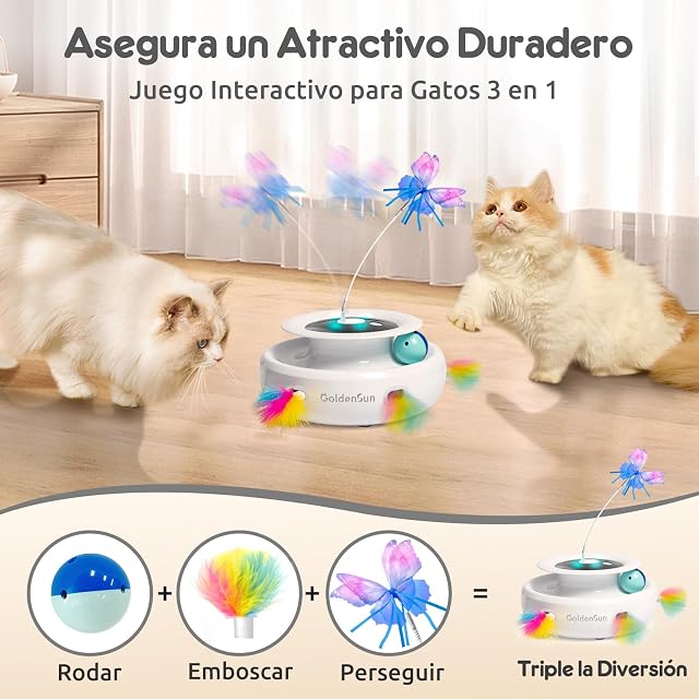 Foto 2 de 6 de GoldenSun Juguetes para Gatos Recargable, Juguete Automático para Gatos 3 en 1, Pluma Móvil de Emboscada