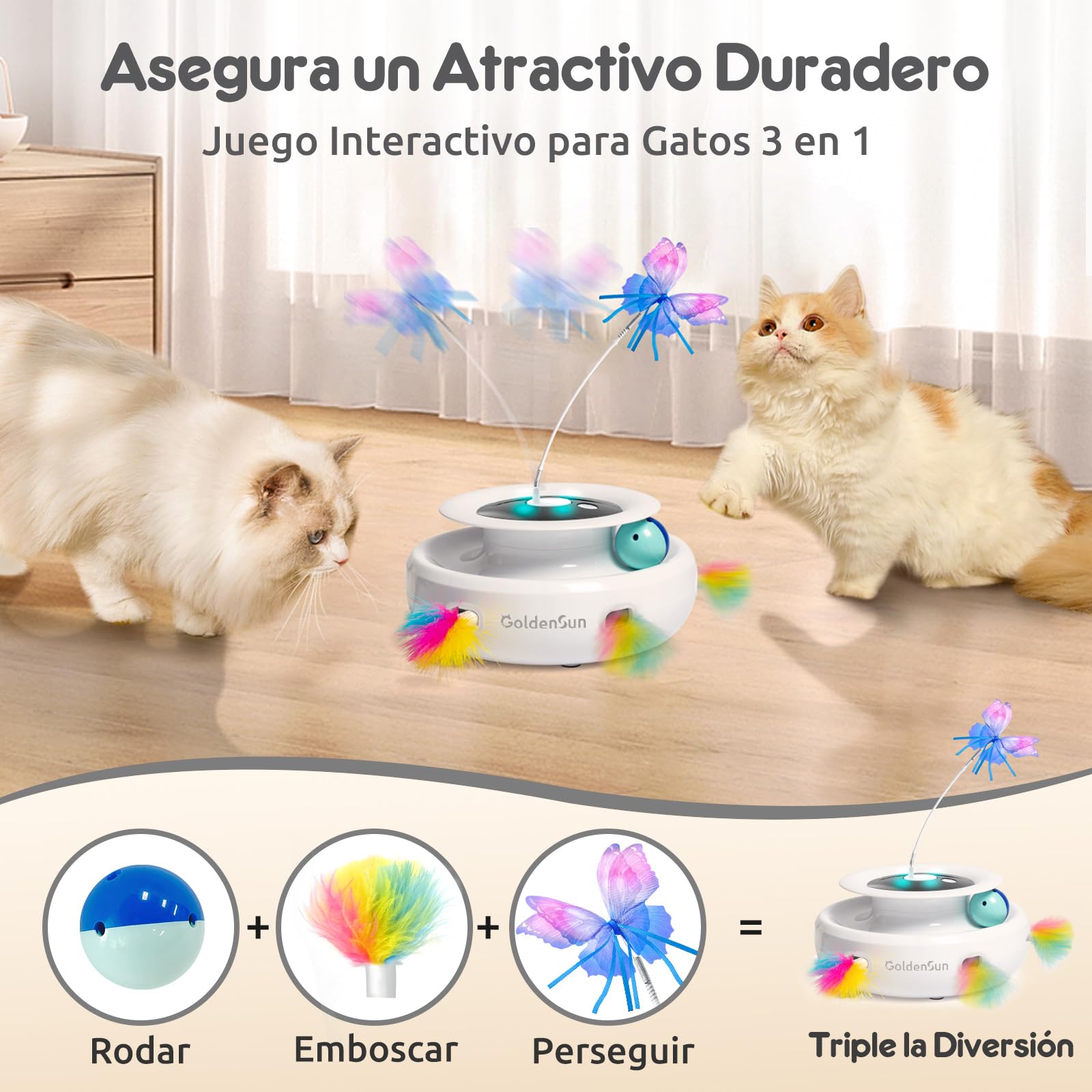 GoldenSun Juguetes para Gatos Recargable, Juguete Automático para Gatos 3 en 1, Pluma Móvil de Emboscada, Mariposa Aleteadora, Bolas de Rastreo, Golpea al Topo, Incluye 4 Accesorios