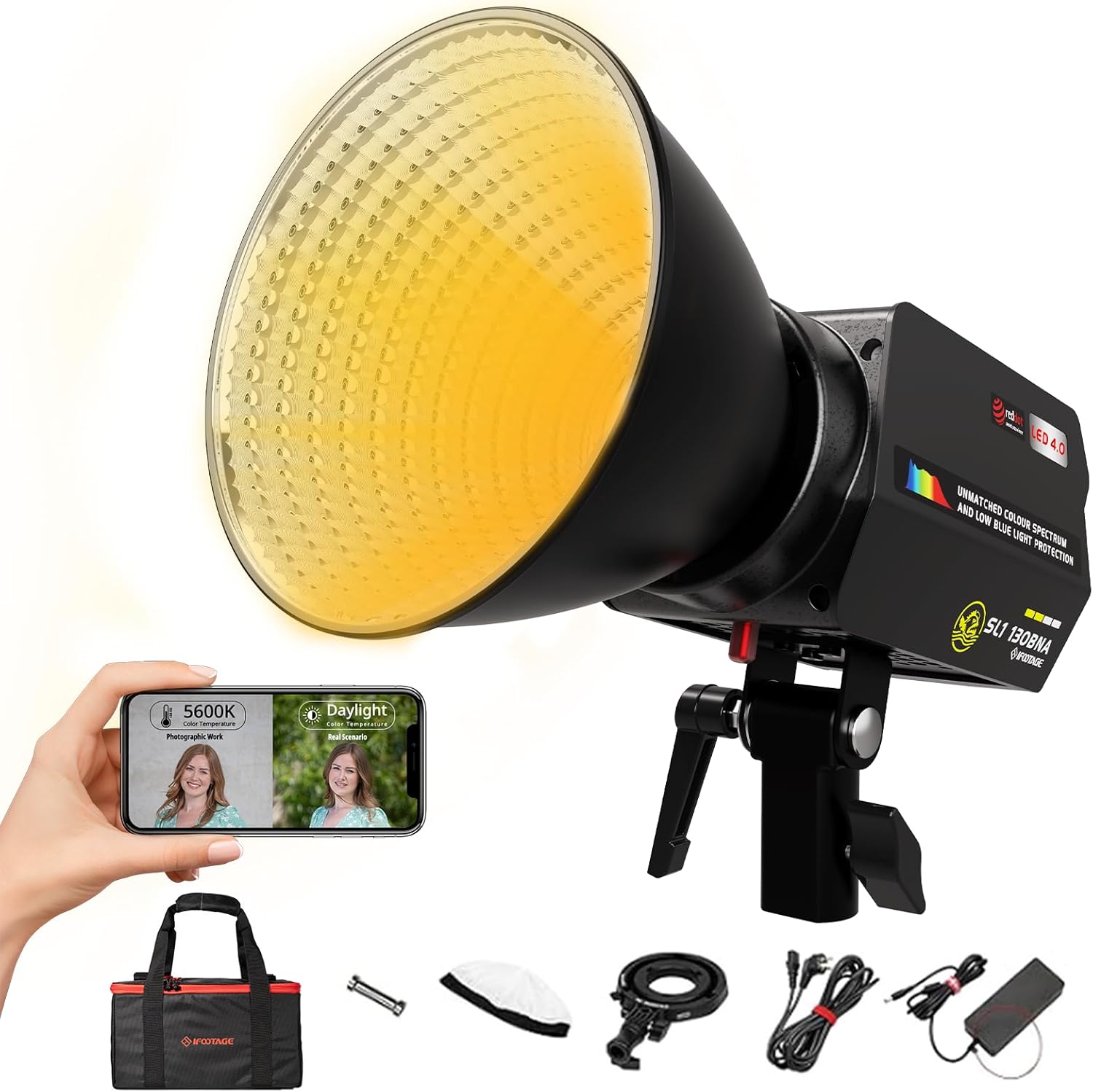 IFOOTAGE LED Video Light 130W SL1 130BNA Bi-Color COB Photography Lighting,2700-5600k Continuous Output Lighting,Portable Video Lighting for Video Recording,Studio,App Control,with Carry Bag