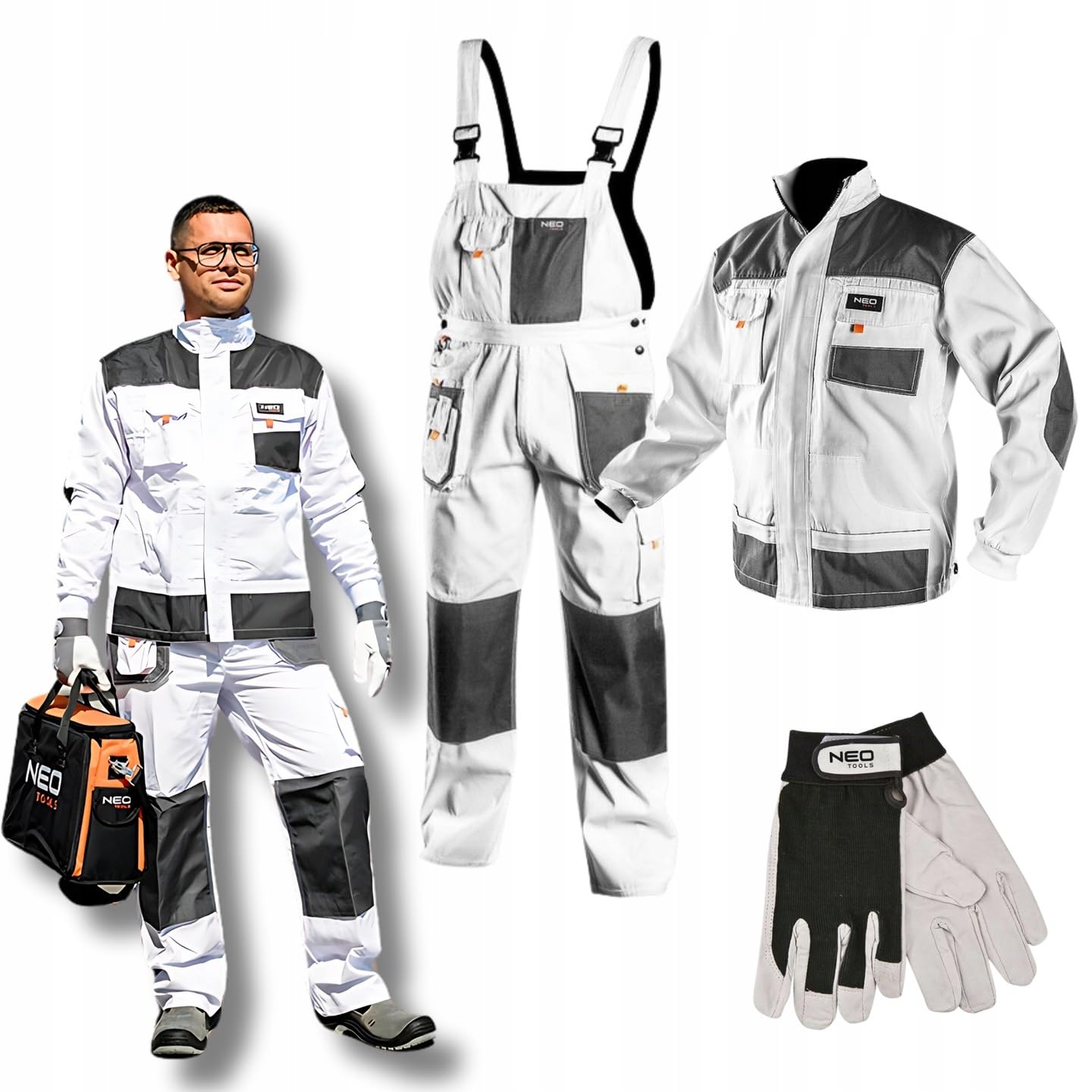 NEO TOOLS Arbeitskleidung: Arbeitsanzug-Set mit Arbeitsjacke, Arbeitshose uns Arbeitshandschuhe, für Mechaniker, Arbeitskleidung Set robust viele Taschen Baumwolle