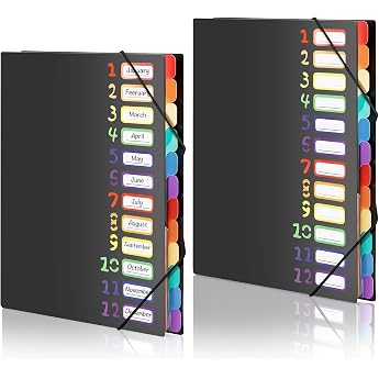 Pack of 2 A4 Document Folder Expanding Folder Document Folder with 12 Compartments Folder Organiser with Elastic Band for Office Documents School Homework and Paper Waterproof with Label Black