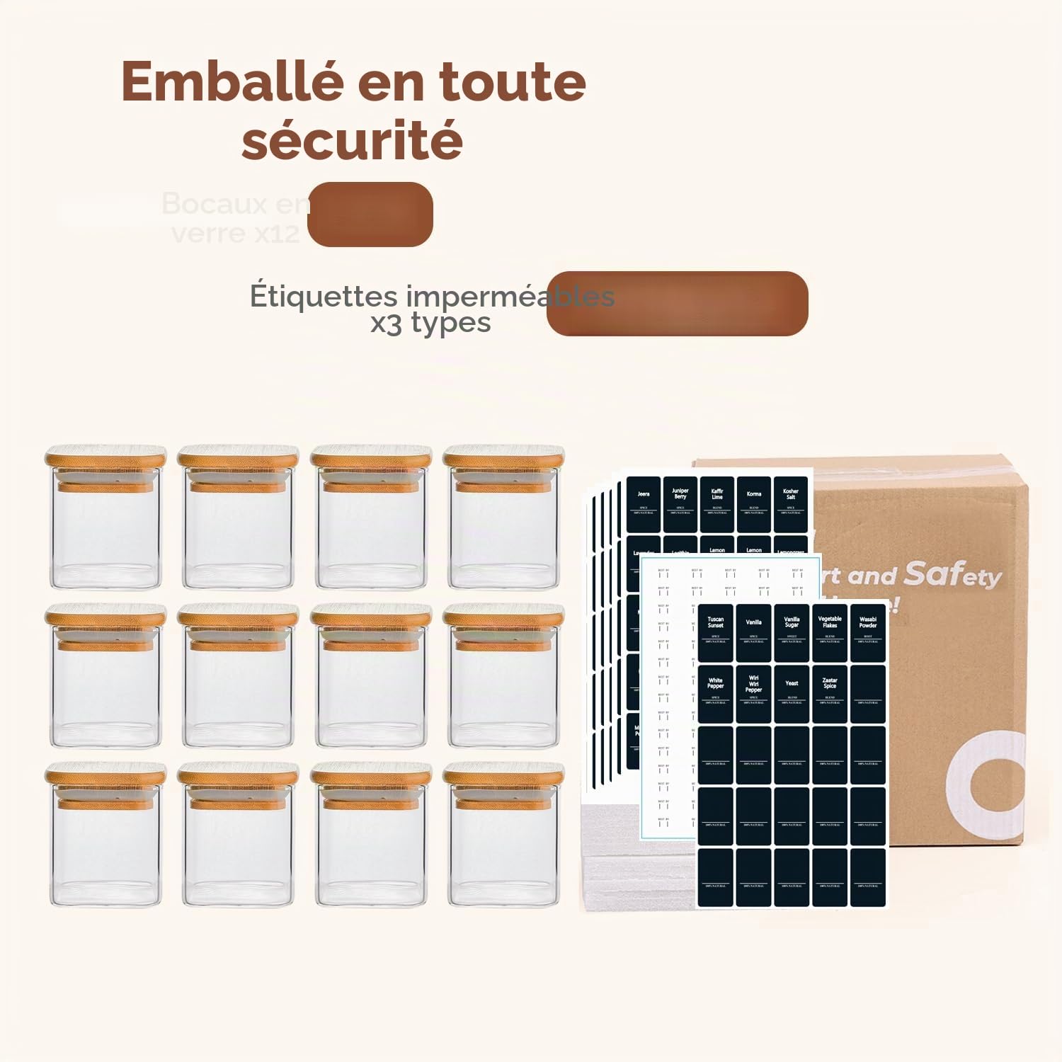 ComSaf Bocaux à Épices en Verre 12 x 120 ml avec Couvercle en Bambou, Pots Hermétiques avec 54 Étiquettes