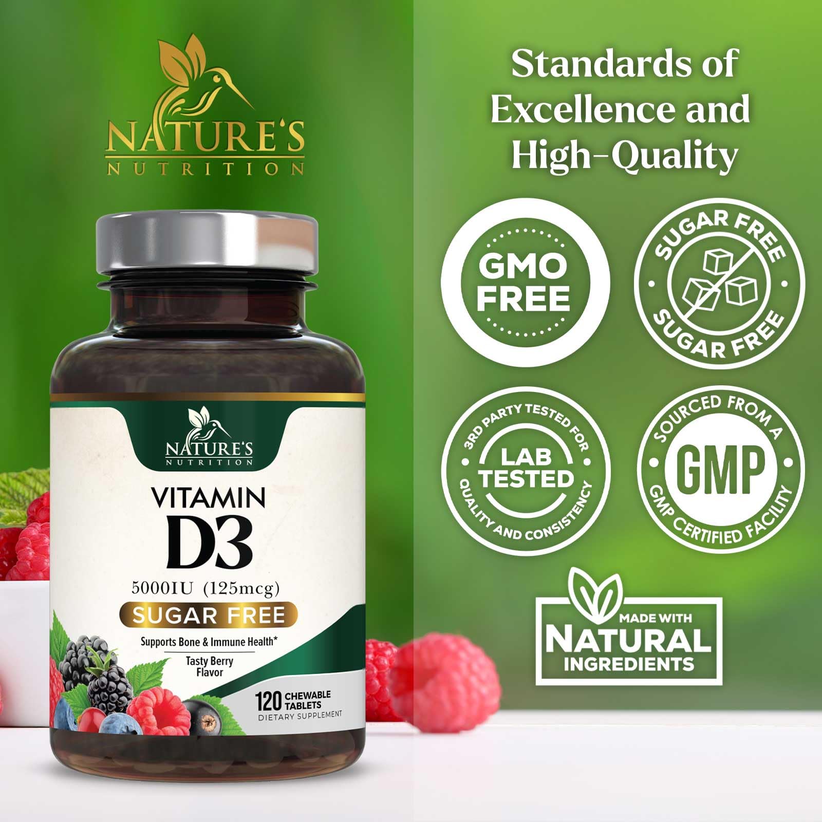 Vitamin D3 5000 IU - Extra Strength Vitamin D Chewable for Immune Health Support - Bone, Teeth and Muscle Support Supplement - Sugar Free - Tasty Raspberry Flavor - Bottled in the USA - 120 Tablets — Amazon image 4