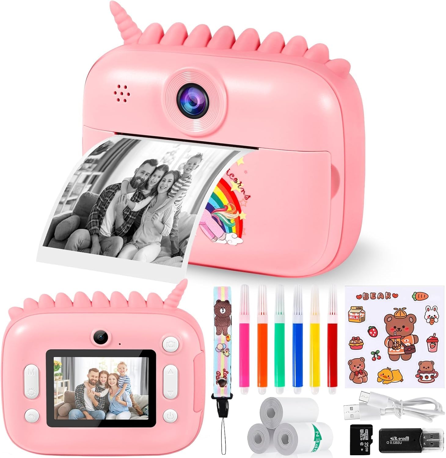 Fotocamera per bambini, 48 MP, schermo da 2,4 pollici, fotocamera istantanea con scheda 32 G, carta da stampa e penne colorate, video HD 1080P, regalo per bambini 3-12 anni