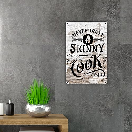 Miniatura 3 de QIONGQI Letrero de metal con texto en inglés "Funny Kitchen Quote Never Trust a Skinny Cook", decoración de pared, retro, con frases para decoración