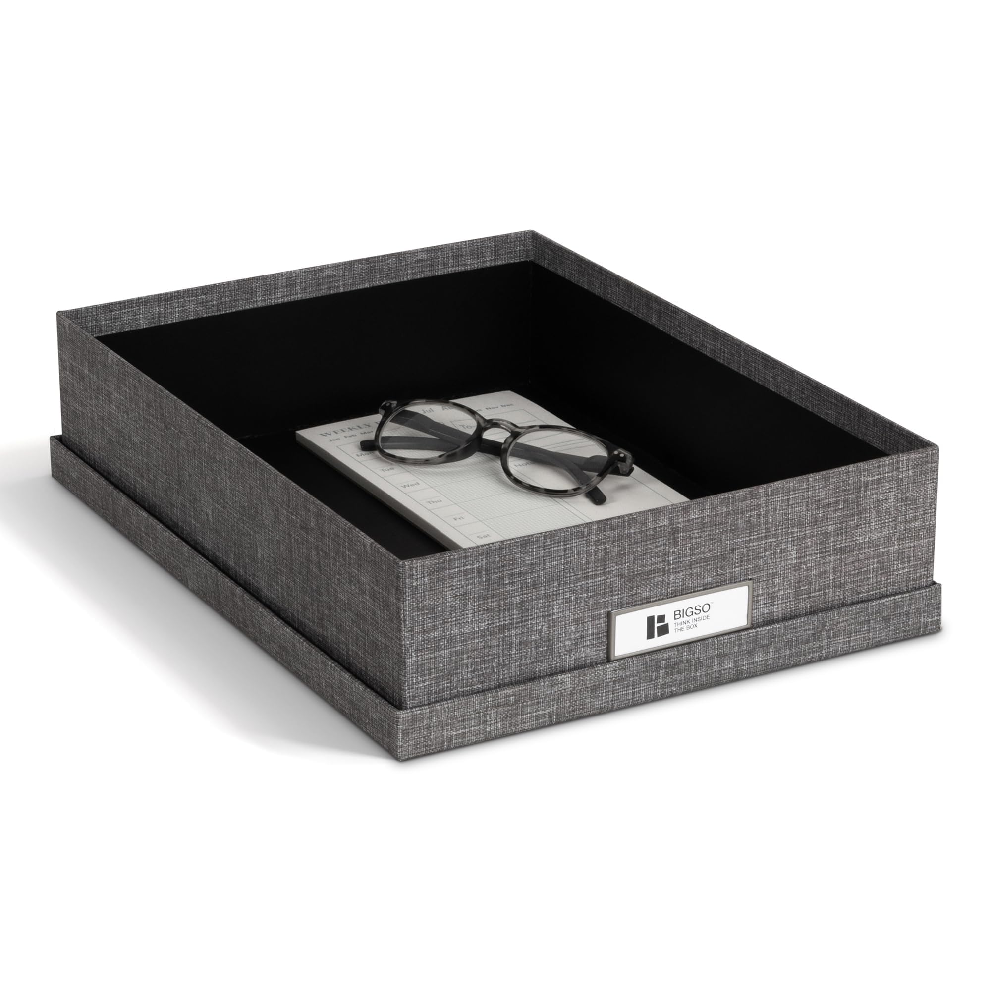 Bigso Oskar - Cassetta delle lettere per documenti importanti formato A4 o lettera, resistente, con coperchio e porta etichette in metallo, 8,4 x 25,9 x 35,1 cm, grigio melange