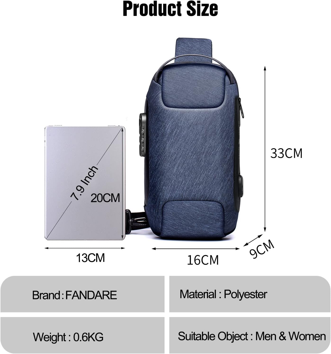 FANDARE Anti-Theft Sling Bag Chest Shoulder Backpack Crossbody Bags for Men Women Cover Pack Hiking Small Rucksack with USB Charging Port for Business Travel Hiking Bicycle Sport Gym Pack Blue - Image 3