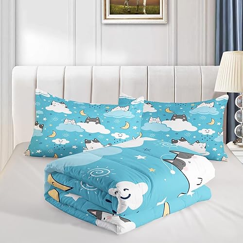Miniatura 4 de QOOMO Edredón de gato tamaño individual, juego de edredón de gatos de nube azul para niños, adolescentes, niñas, niños, juego de ropa de cama