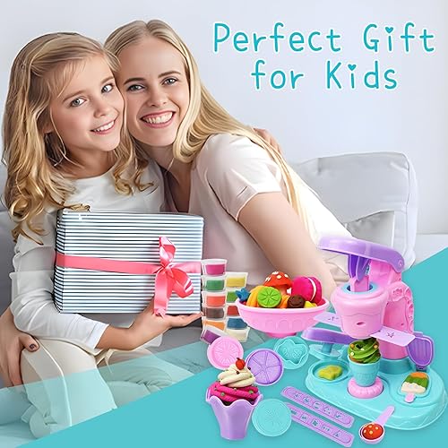 Miniatura 9 de Juego de masa de juego para niños de 2 a 4 años, 26 piezas, máquina para hacer helados, juego de masa de color con 12 latas, artes y manualidades