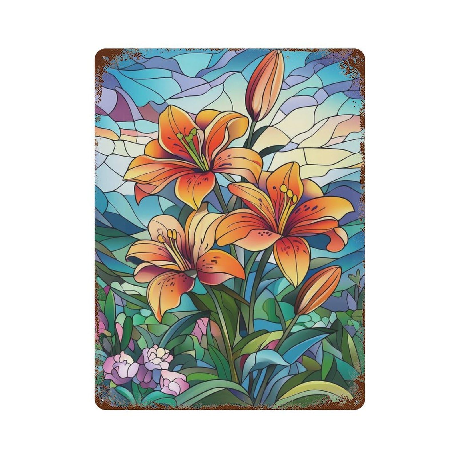 Stained Glass Lilies Decorative Tin Sign 15.7"x11.8", Retro Wall Decor for Living Room, Hallway And Home Decor