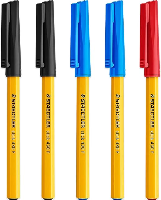 Staedtler Fine 0.3mm 430 Stick Ballpoint Pens Writing Pen Smooth - Black, Blue & Red Ink - Pack Of 5