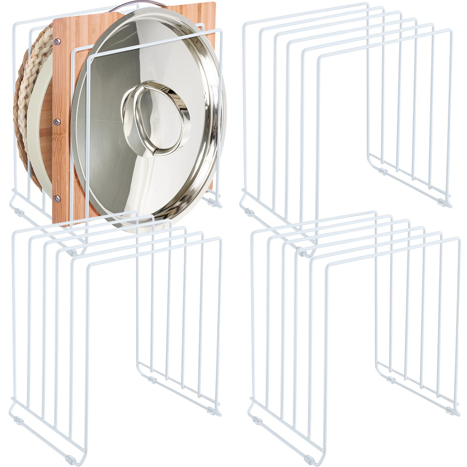 Zonon 4 Pcs Lid Organizer Storage Tray Organizer Rack Divided Pot Lid Holder Shelf with 5 Slots for Kitchen Cabinet Counter Pantry Baking Sheet, Cookie Sheet, Baking Pan, Cutting Board, Plate, White