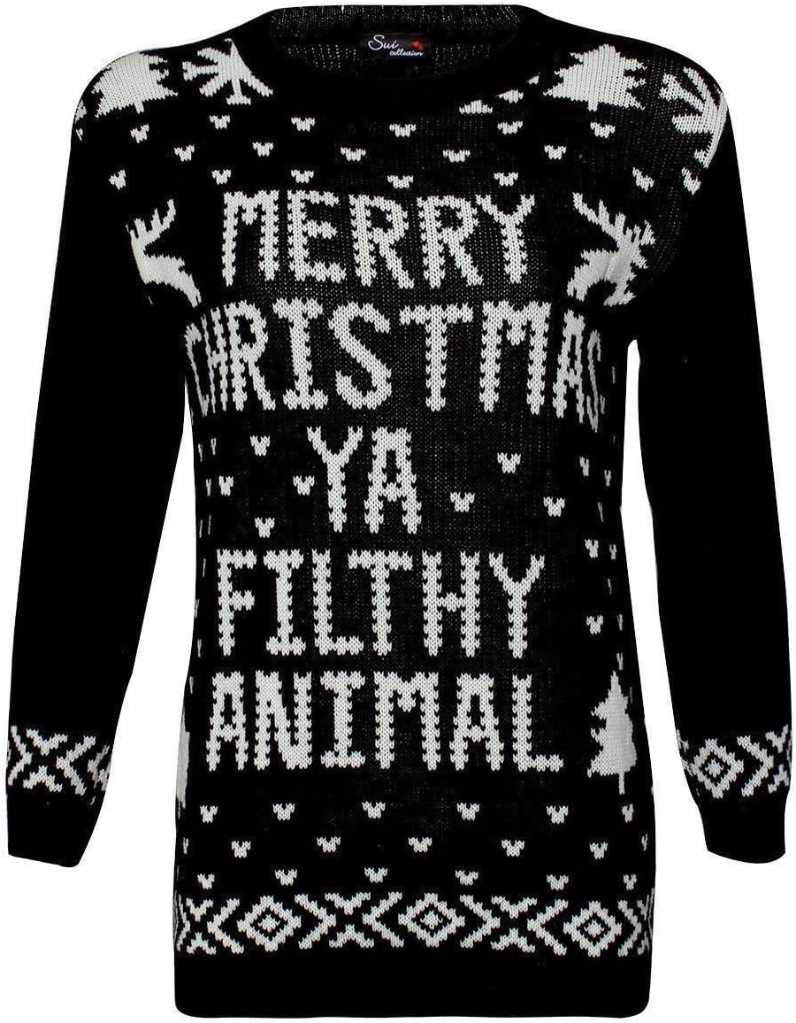 Ladies Mens Merry Christmas Ya Filthy Animal Jumper - Black- M/L