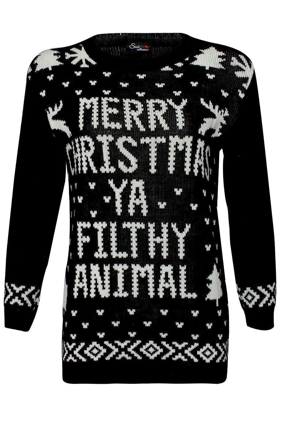 Ladies Mens Merry Christmas Ya Filthy Animal Jumper - Black- M/L
