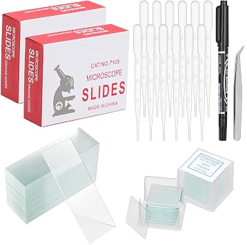 300 Pcs Pre-Cleaned Microscope Slides Set 100 Pcs prepared Microscope Slide and 200 Pcs Cover Slips Glass Blood Slides with 10 Plastic 3ml Droppers Suitable for Laboratories Schools