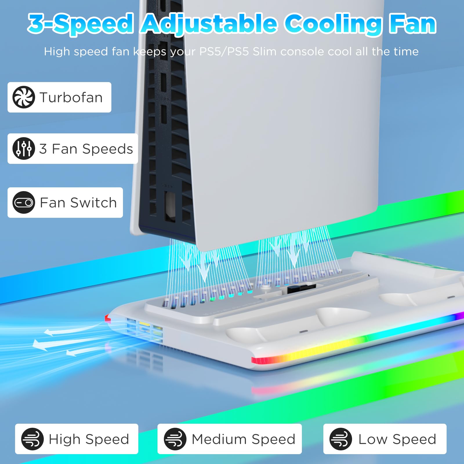 PS5/PS5 Slim Verticale Supporto di Raffreddamento, Stazione di raffreddamento per PS5/PS5 Slim con 3 Velocità, Ganci per Cuffie Stazione di Ricarica Doppio Controller, per Disc/Digital Edition