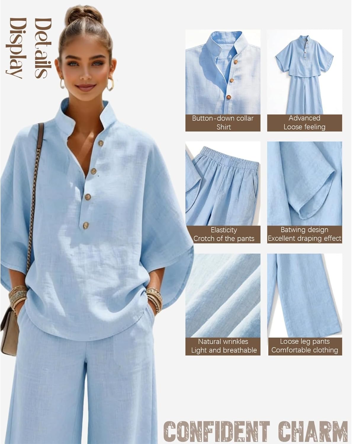 Women's Linen Cotton Two Piece Sets Batwing Sleeve Button Down Shirt High Waisted Wide Leg Pants Casual Summer Outfits
