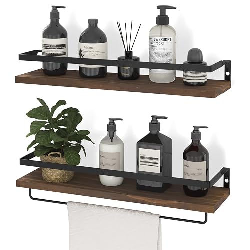 SODUKU Floating Shelves for Wall, Bathroom Shelves with Towel Bar, Wall Mounted Storage Shelves for Kitchen, Bathroom, Set of 2 Brown - Brown