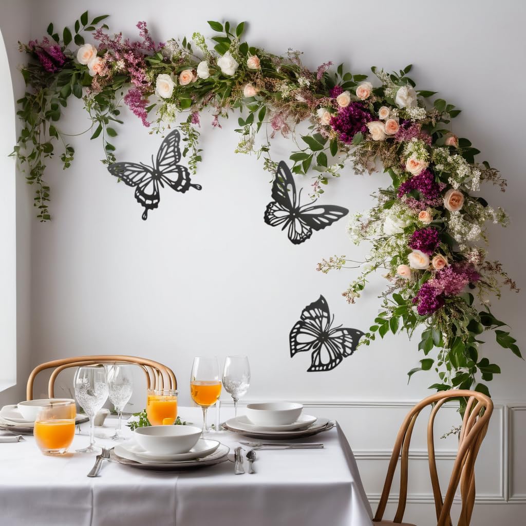 3 piezas de decoración de pared de mariposa de metal negro – Decoración versátil para exteriores e interiores para sala de estar, dormitorio y baño, tamaño grande 6