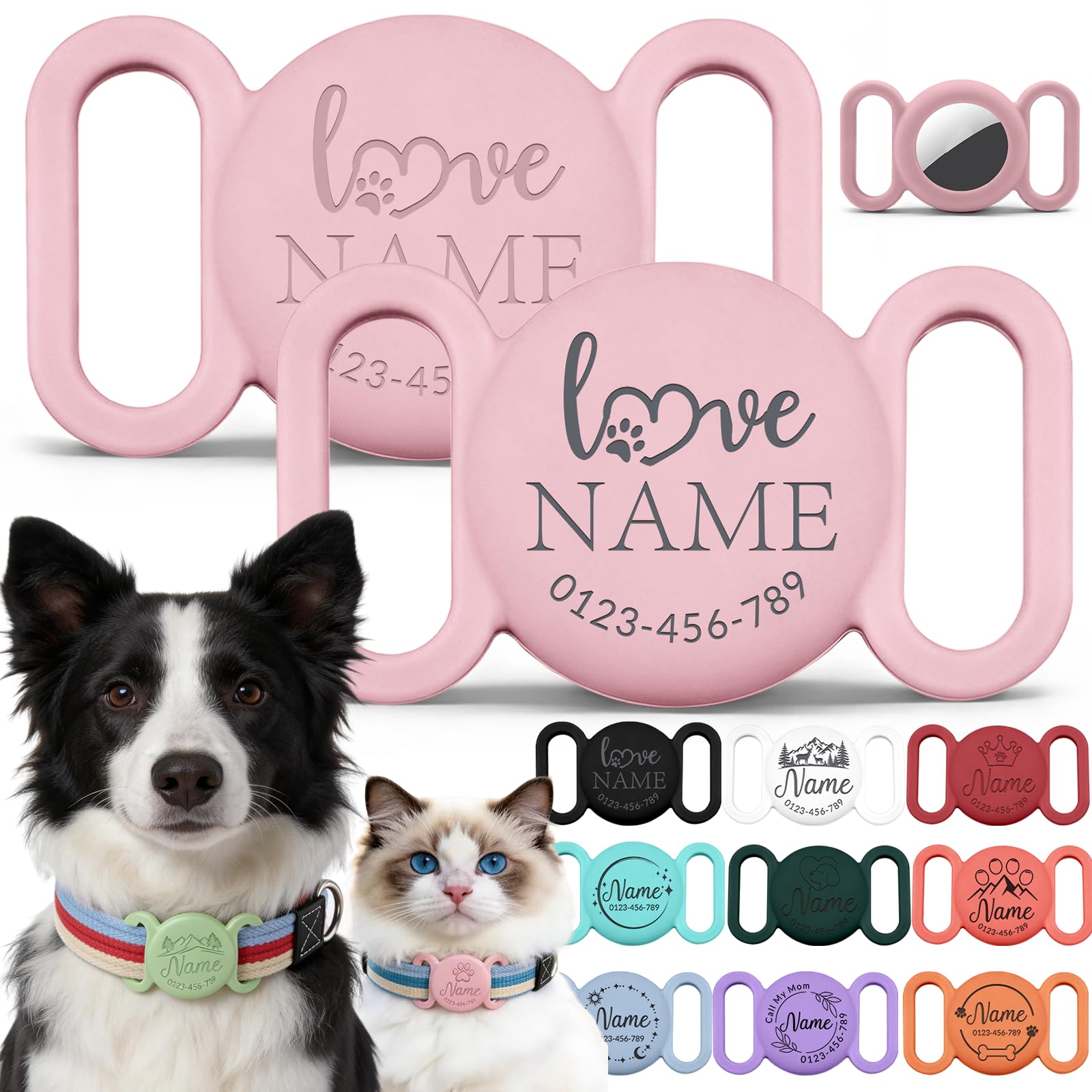 Personalised Dog Collar Case Compatible with Air Tag with Engraved Name & Phone Number - Custom Pet ID Tag Holder Silicone Protective Cover for Active Dogs - Waterproof & Impact Resistant