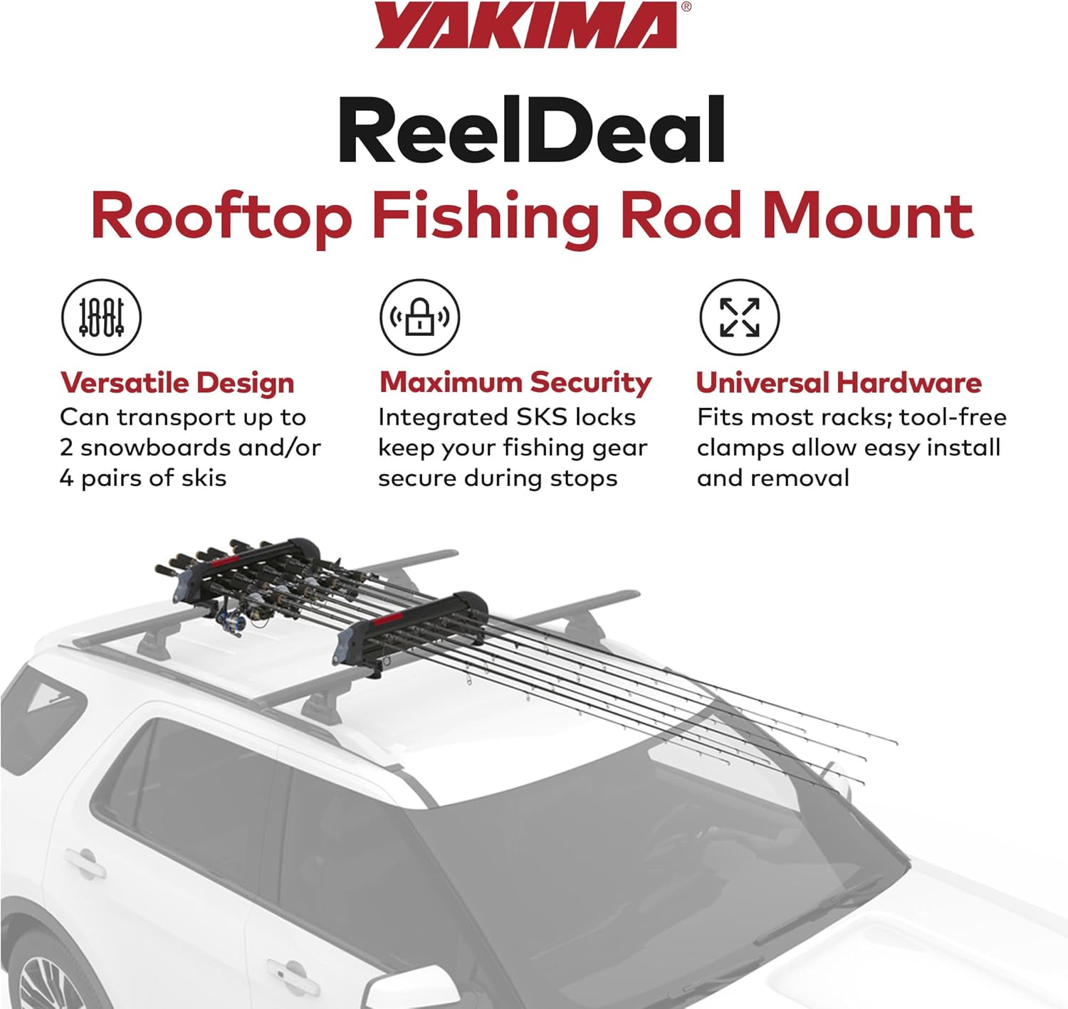 Yakima Fishing Pole Rod Car Rack Mount, ReelDeal 4 Ski & 2 Snowboard Holder w/ SKS Locks - Heavy-Duty and Portable Vehicle Storage Accessories for Travel Organization - Image 2