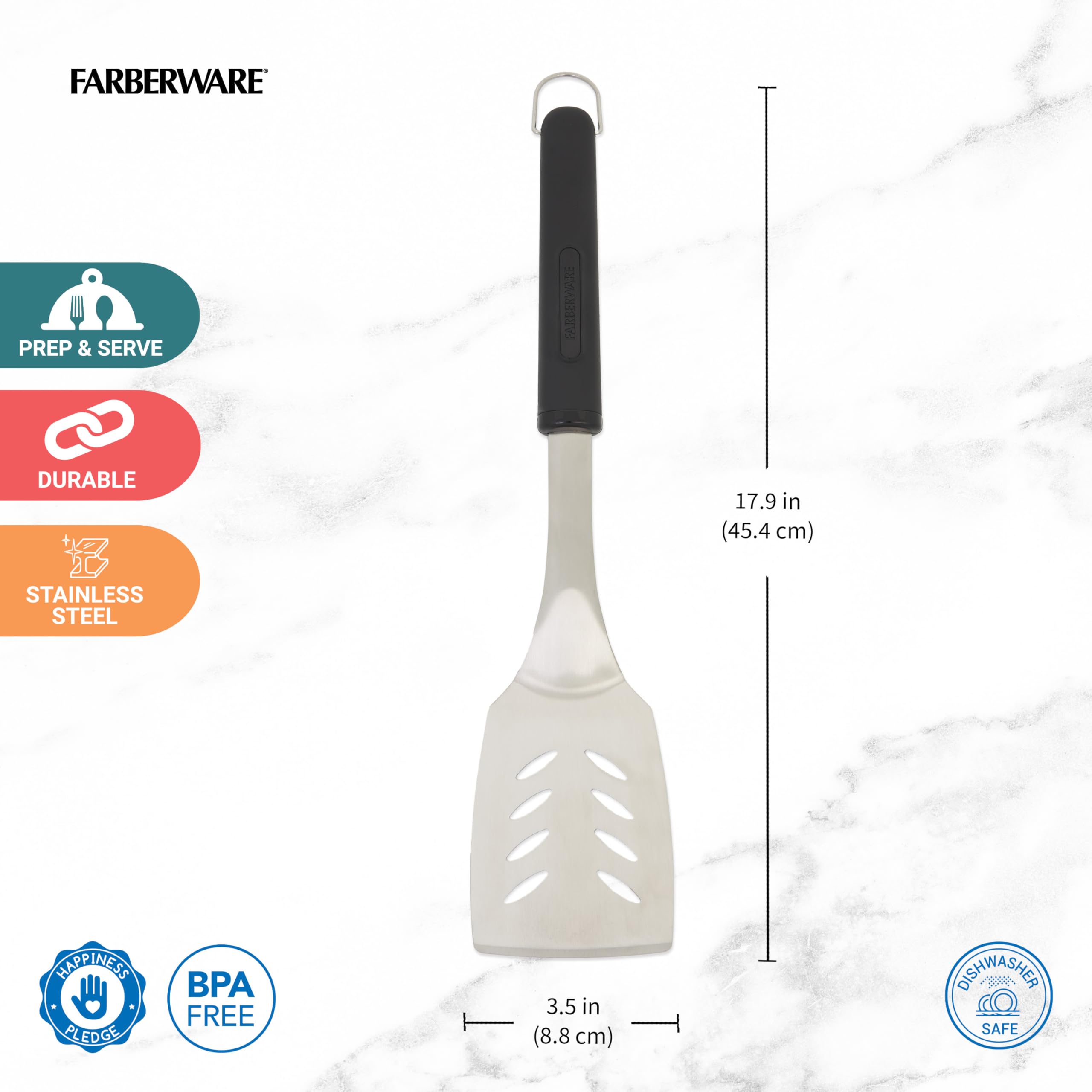 Farberware BBQ Turner, Perfect for Flipping and Serving, Includes Storage Ring, Dishwasher Safe, 16.5x4 Inch
