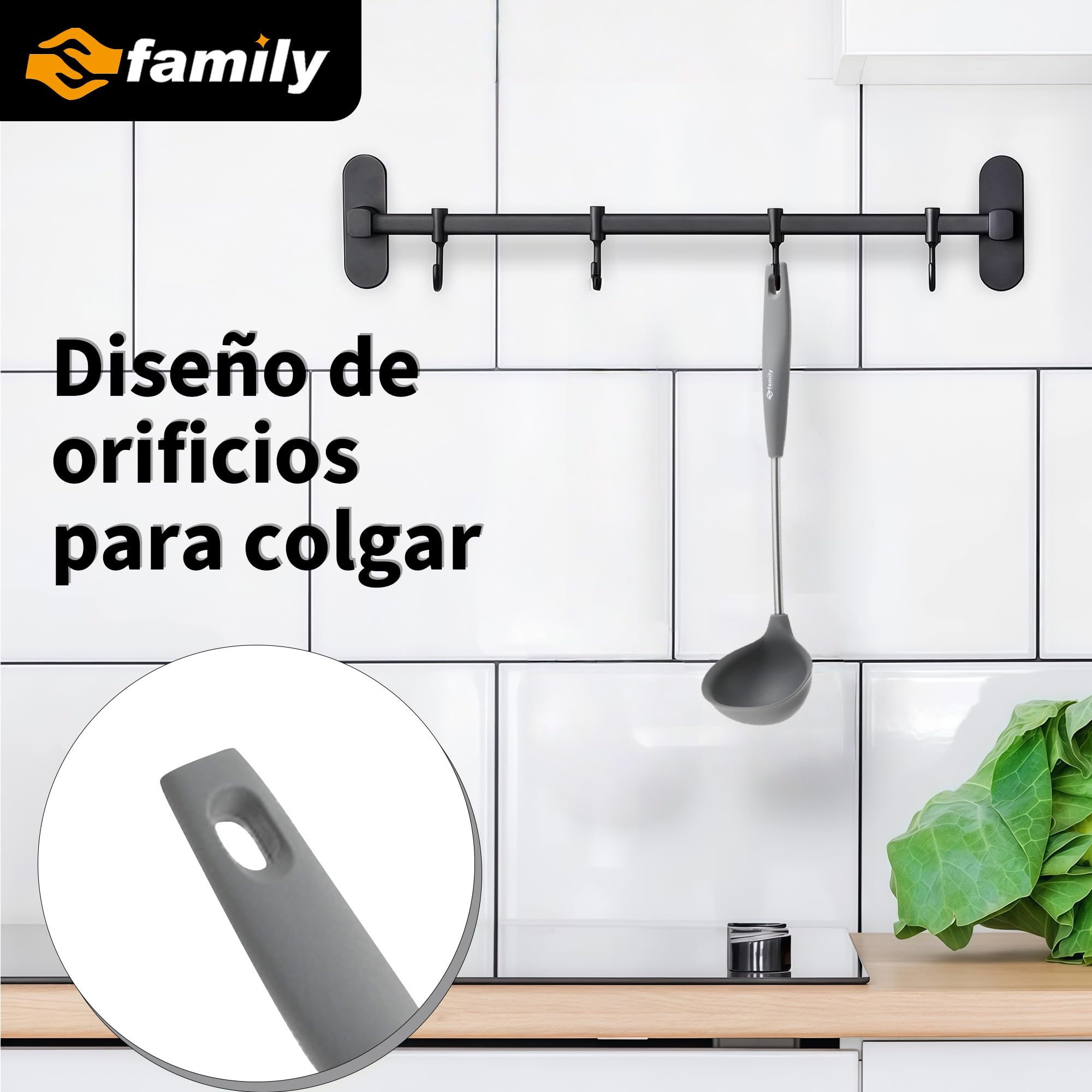FAMILY Espumadera de Silicona para Cocina 37.5x11cm, Mango Ergonómico U de Acero Inoxidable, Resistente al Calor y Antiadherente, Perfecta para Freír, Escurrir y Servir Alimentos