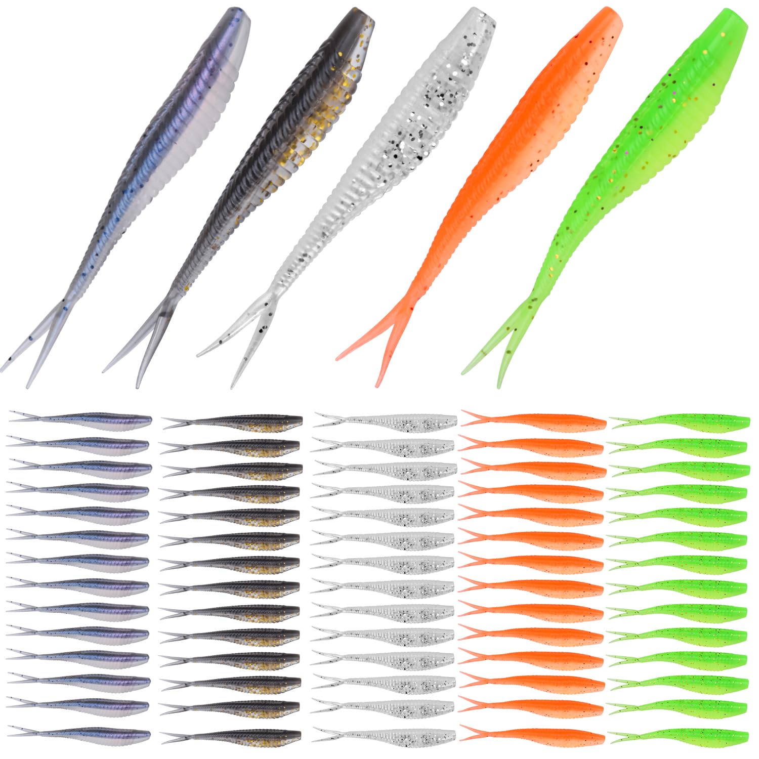 50 Esche Morbide Da Pesca Paddle Tail, Kit Con Scatola Portatile, Colori Testati Per Spigola Trota Salmone Acqua Dolce E Salata