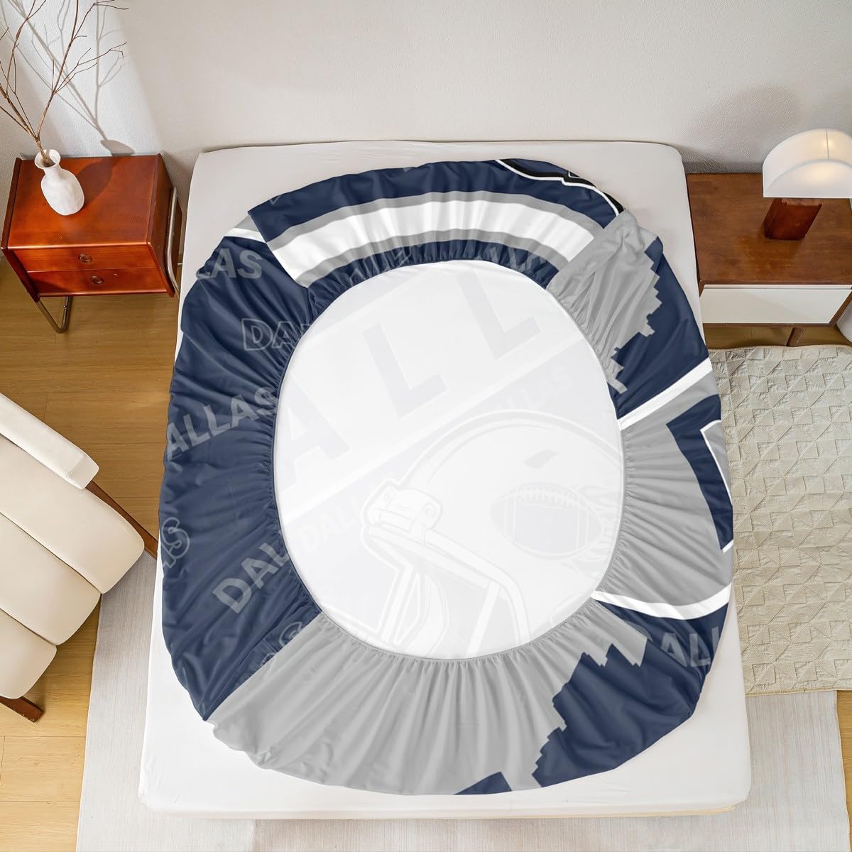 Classic Football City Helmet Fitted Sheets, American Football Theme Bedding Set Navy and Grey Sports City Silhouette Illustration Bed Sheets Full for Rugby Sports Fans Gift (Dallas)