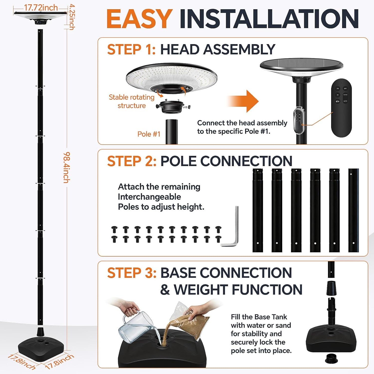 Solar Lamp Post Outdoor, 102 Inch Solar Pole Light with Double Motion Sensor, Remote Control LED Solar Post Lamp, Auto Dusk to Dawn Waterproof Metal Outdoor Solar Street Light for Yard, Pathway
