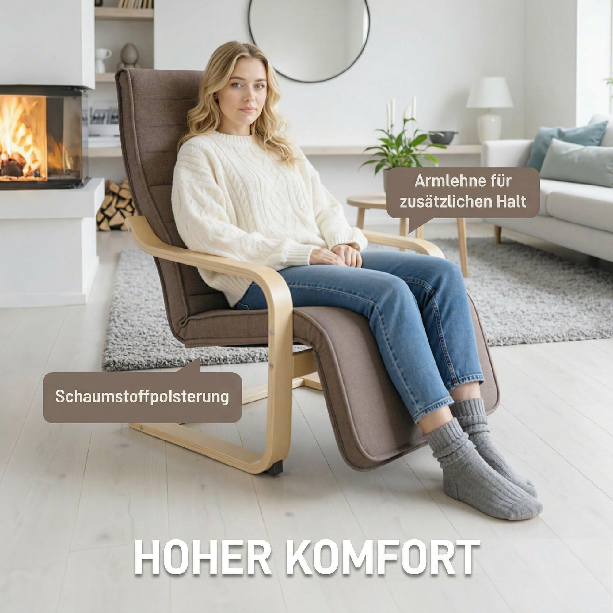 HOMCOM Fotel do salonu, fotel relaksacyjny, fotel wypoczynkowy z podłokietnikami z drewna brzozowego, 5-stopniowa regulacja podnóżka, fotel do czytania o wyglądzie lnu, tapicerowany fotel do sypialni