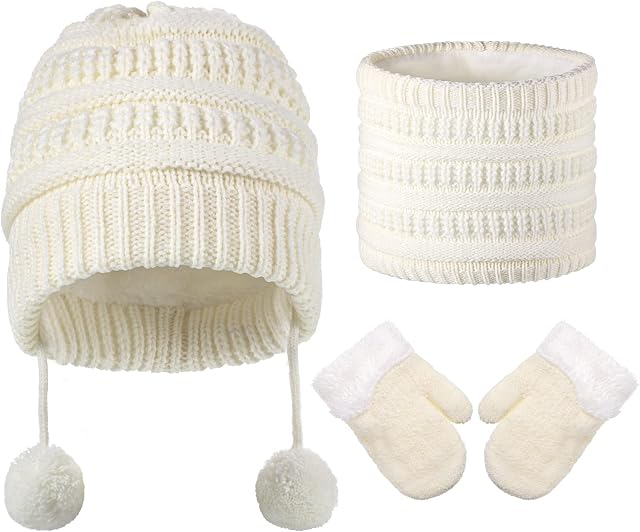 3 Pieces Toddler Winter Beanie Cap Scarf Gloves Set Knit Neck Warmer Thick Warm Fleece Lined Thermal Set Beanie Thicken Furry Mittens for 1-3 Year Toddler Baby Girls Boy White
