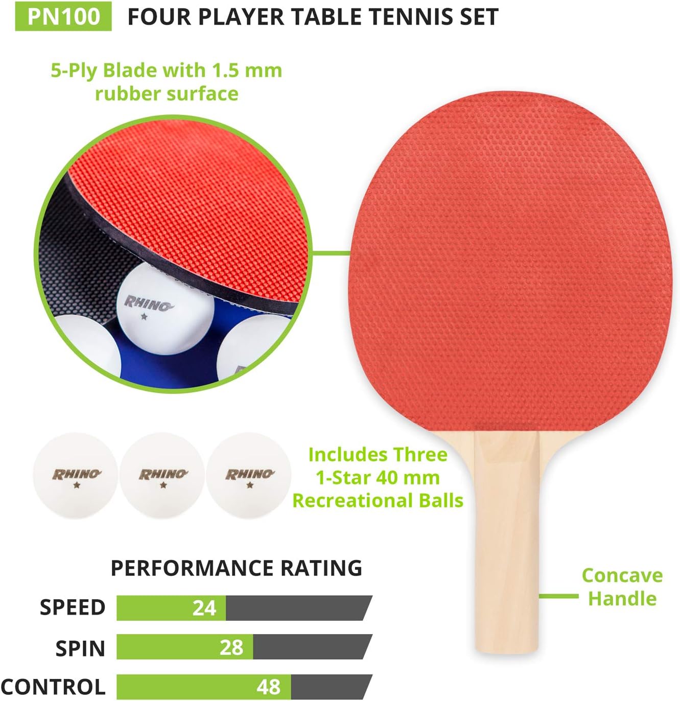 Champion Sports PN100 Table Tennis Set: 4 Player Ping Pong Accessories Kit with 4 Paddles & 3 Balls, Indoor Ping Pong Equipment for Men, Women & Kids