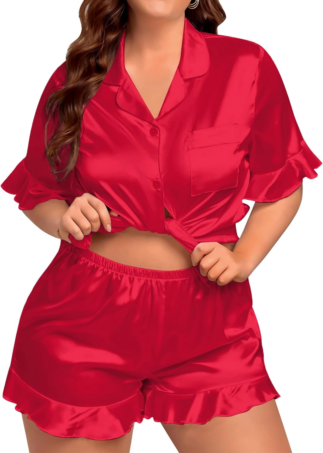 SWOMOG Womens Satin Plus Size Pajamas Silk Short Sleeve Pjs Sets Ruffle Shorts 2 Piece Loose Outfit Sleepwear with Pocket