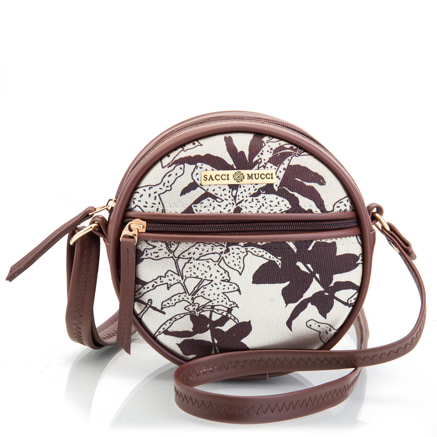 SACCI MUCCI Round Sling Crossbody Bag For Women| Beautiful Print Vegan Leather Purse With Slip Pocket Inside| Zip Closure & Adjustable Strap (Brown) (B0BVK8VPWH) Amazon Price History, Amazon Price Tracker