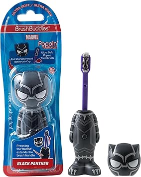 Brush Buddies Marvel Black Panther Kids Toothbrush Soft Rounded Bristles Poppin Fun Superhero Toothbrush Cover Easy Grip Handle Gentle Cleaning for Toddlers & Kids Ages 2+ Travel Friendly Oral Care