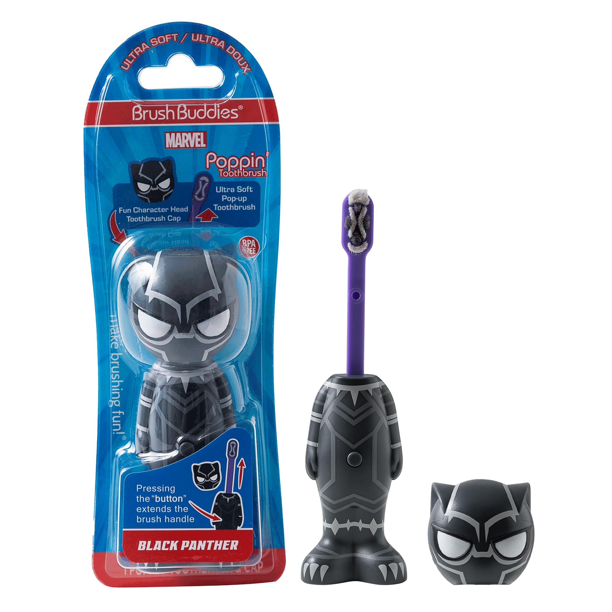 Brush Buddies Marvel Black Panther Kids Toothbrush, Soft & Rounded Bristles, Poppin' Fun Superhero Toothbrush