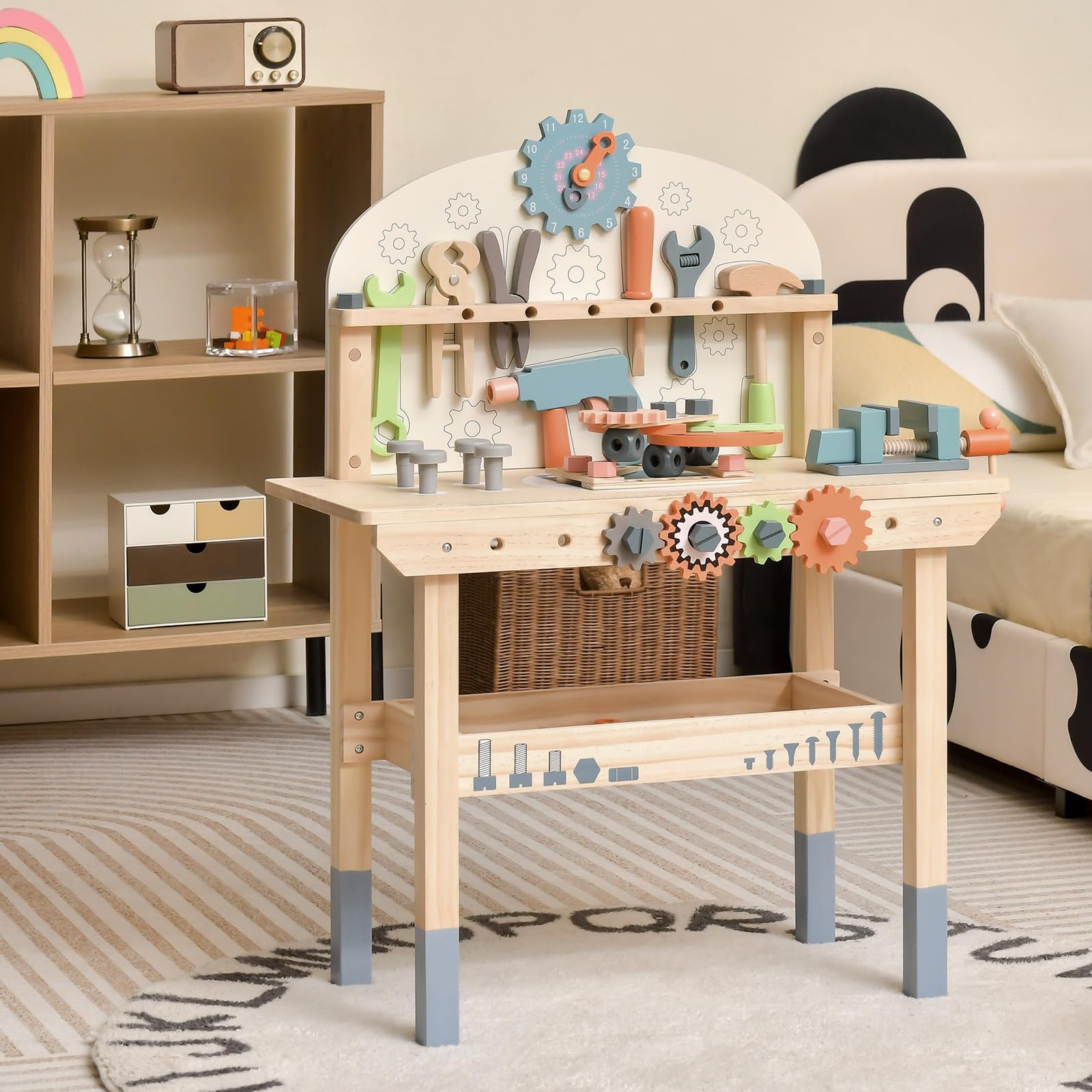 GOPLUS - Juguete de banco para niños, juego de imitación con 53 piezas, accesorios multicolor, banco de madera con estante de almacenamiento, juguete educativo para niños y niñas de 3 años