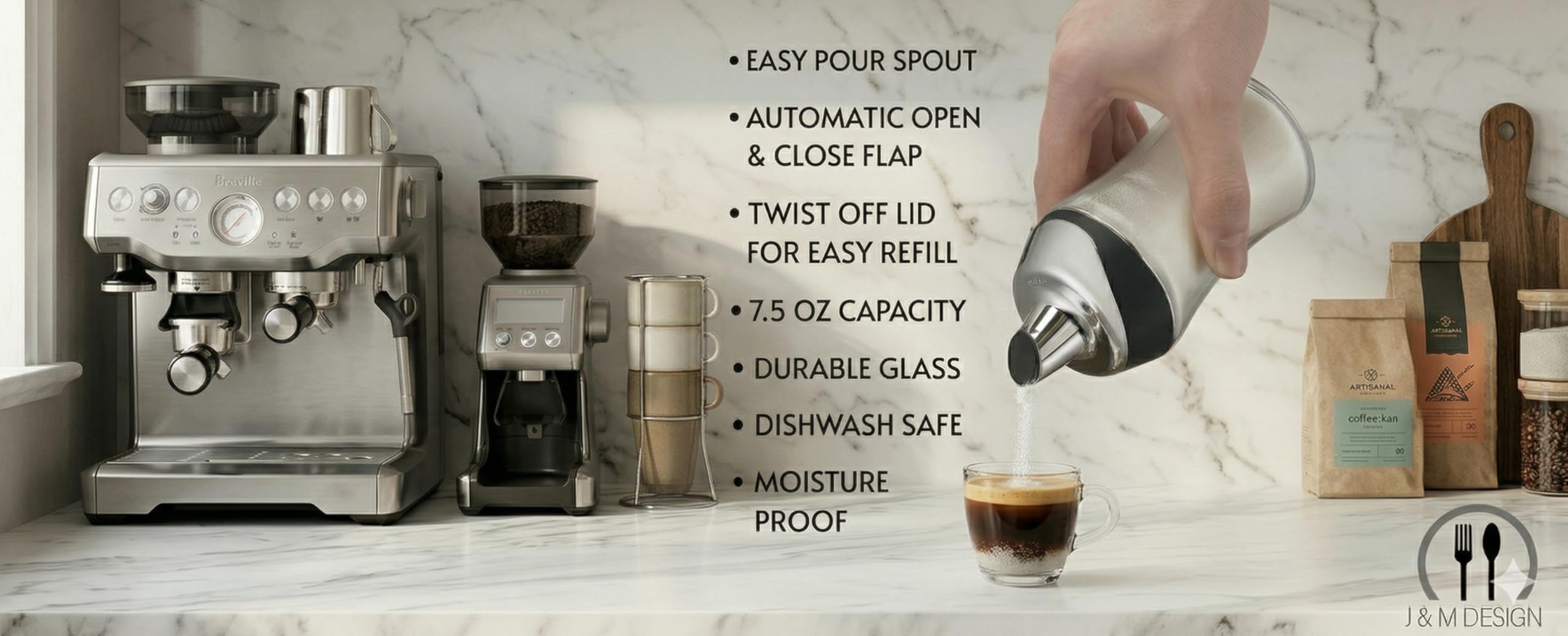 J&M DESIGN Glaszuckerspender mit Ausgießer für Kaffee-Bar, Tee und Küche, automatisches Ausgießen, luftdichter Deckel, 213 ml Behälter