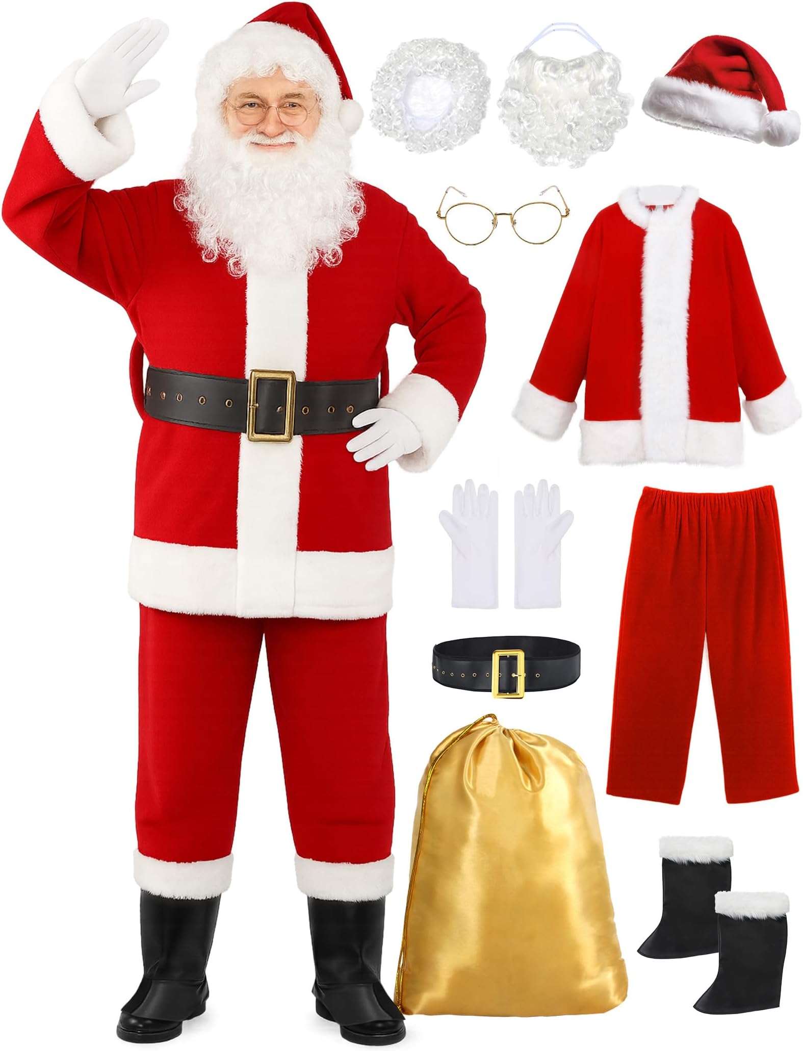 Santa Claus Costume for Men, 10pcs Deluxe Christmas Santa Claus Suit for Adult, Professional Xmas Red Plus Size Outfit