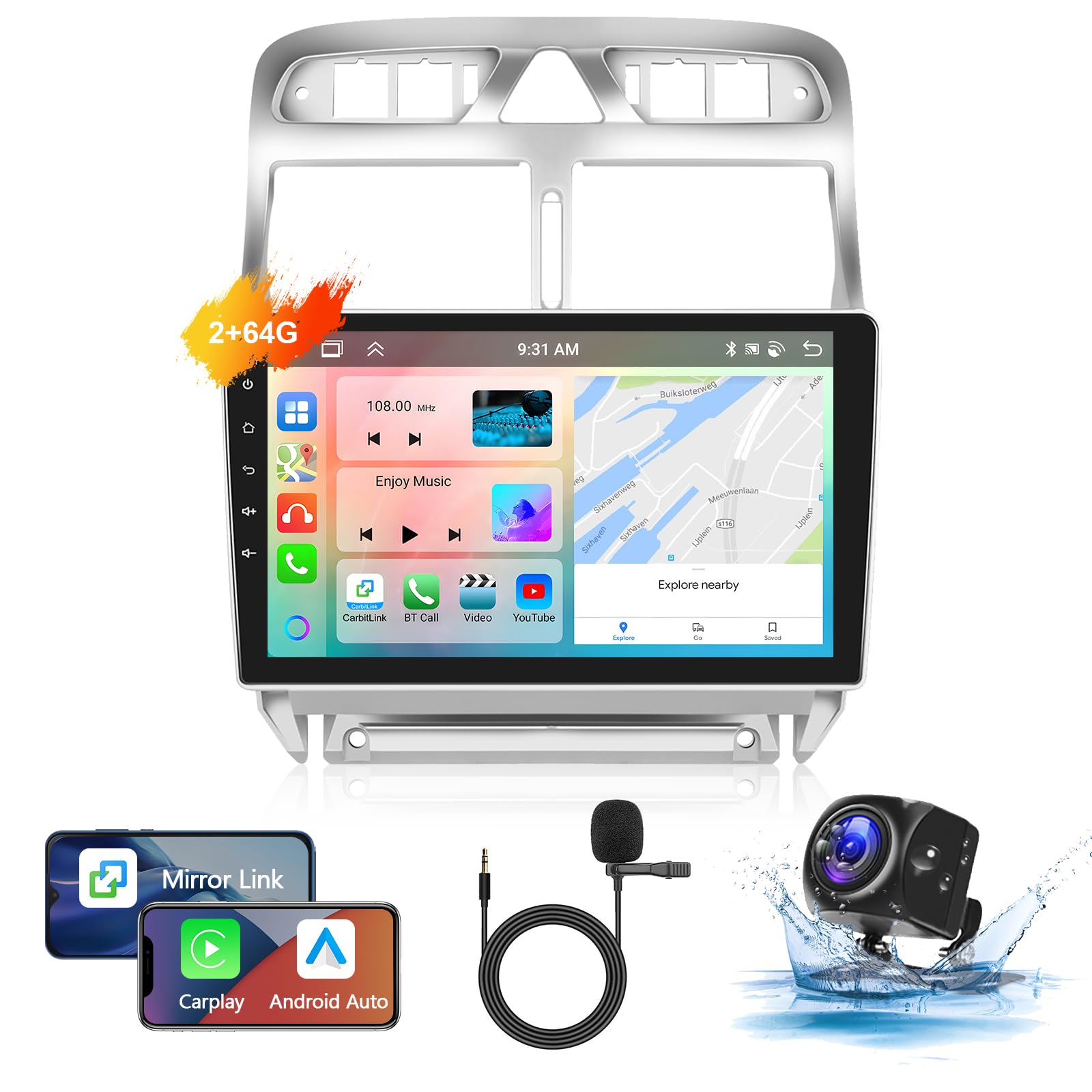 Podofo Autoradio Per Peugeot 207 (2006-2015) 9 Pollici, Android 13, 2+64GB, Wireless Carplay, GPS, Bluetooth, Telecamera Inclusa
