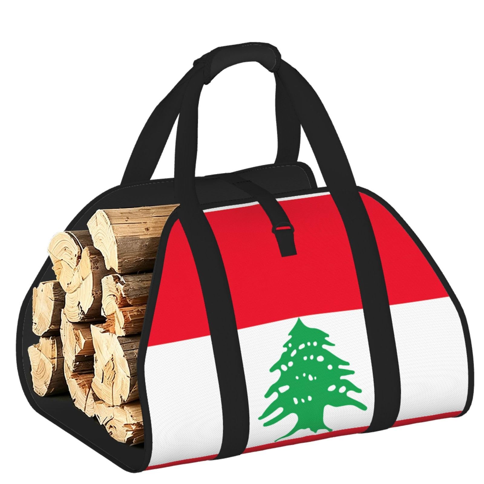 Flag of Lebanon Printed Firewood Log Carrier, Large Tote Bag with Reinforced Handles for Camping Fireplace Home