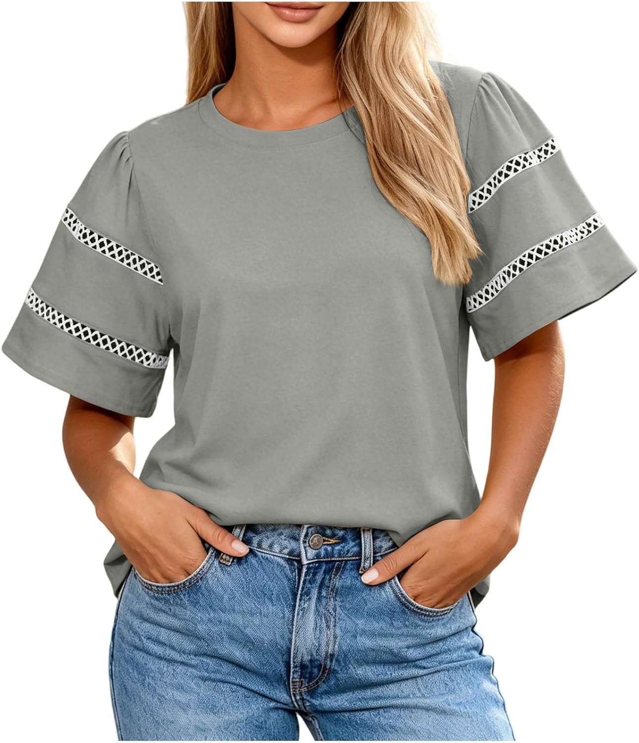 Summer Tops for Women Trendy Short Sleeve Casual Loose Fit Shirts Crew Neck Spring Blouses Hollow Out Fashion Tees