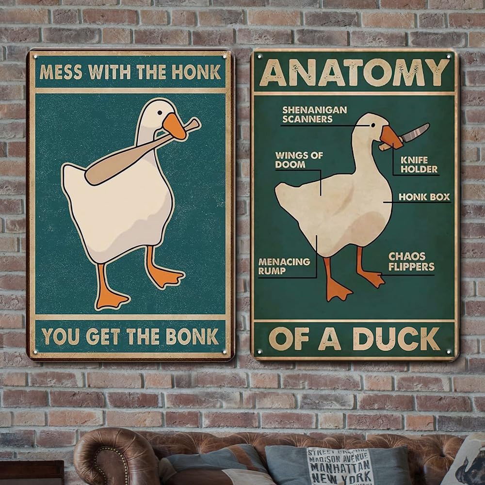 Duck Goose Decor Funny Signs Cute Animal Poster, 2Pcs Retro Tin Sign - Mess with The Honk You Get The Bonk & Anatomy of A Goose - 30 x 20 cm Goose Decor Untitled Goose Game Merch