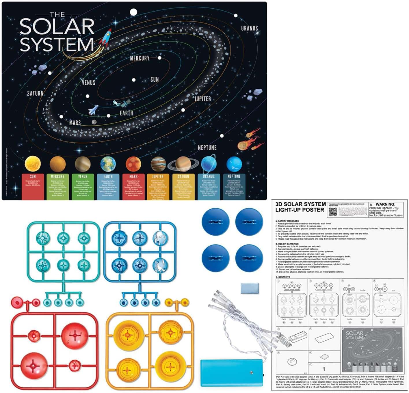 4M KidzLabs 3D Solar System Light-Up Poster for Kids Ages 5-12 – Glow in the Dark Space Science Fair Project Kit with Sun & 8 Planets, STEM Educational Toy, Battery Powered Illuminated Display Board