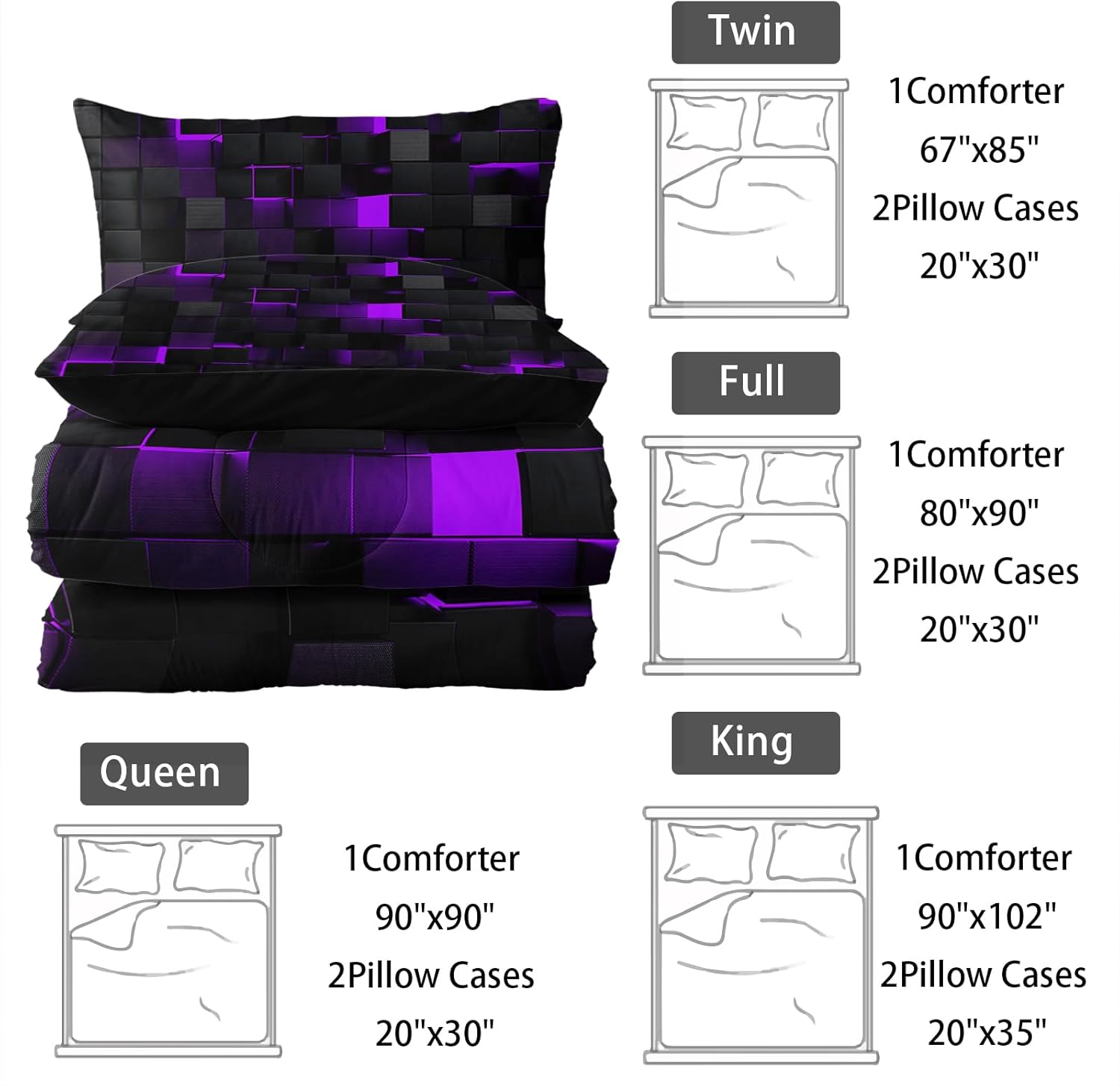 Neon Purple Black Comforter Set Full Geometric Kids Bedding Set,3 PCS Geometry Honeycomb Bed Set Modern Quilt Set 1 Comforter 2 Pillow Cases Cool Room Decor All Season B-Side Black - Image 7