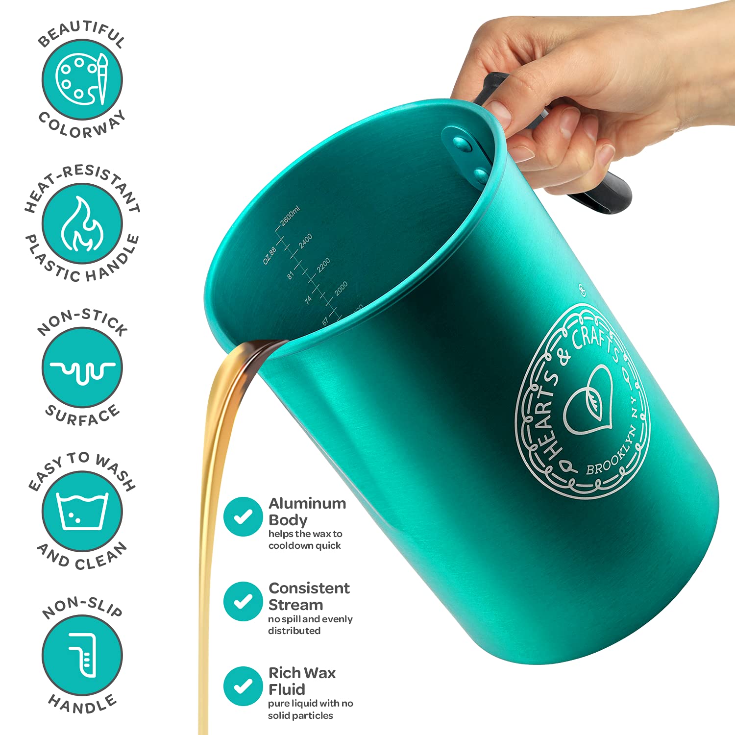 Hearts & Crafts Candle Pots, 64 uncji. Aluminum Candle Making Pot for 4lb. Melted Wax, Teal Color - Best for Candles, Arts & Crafts, and More