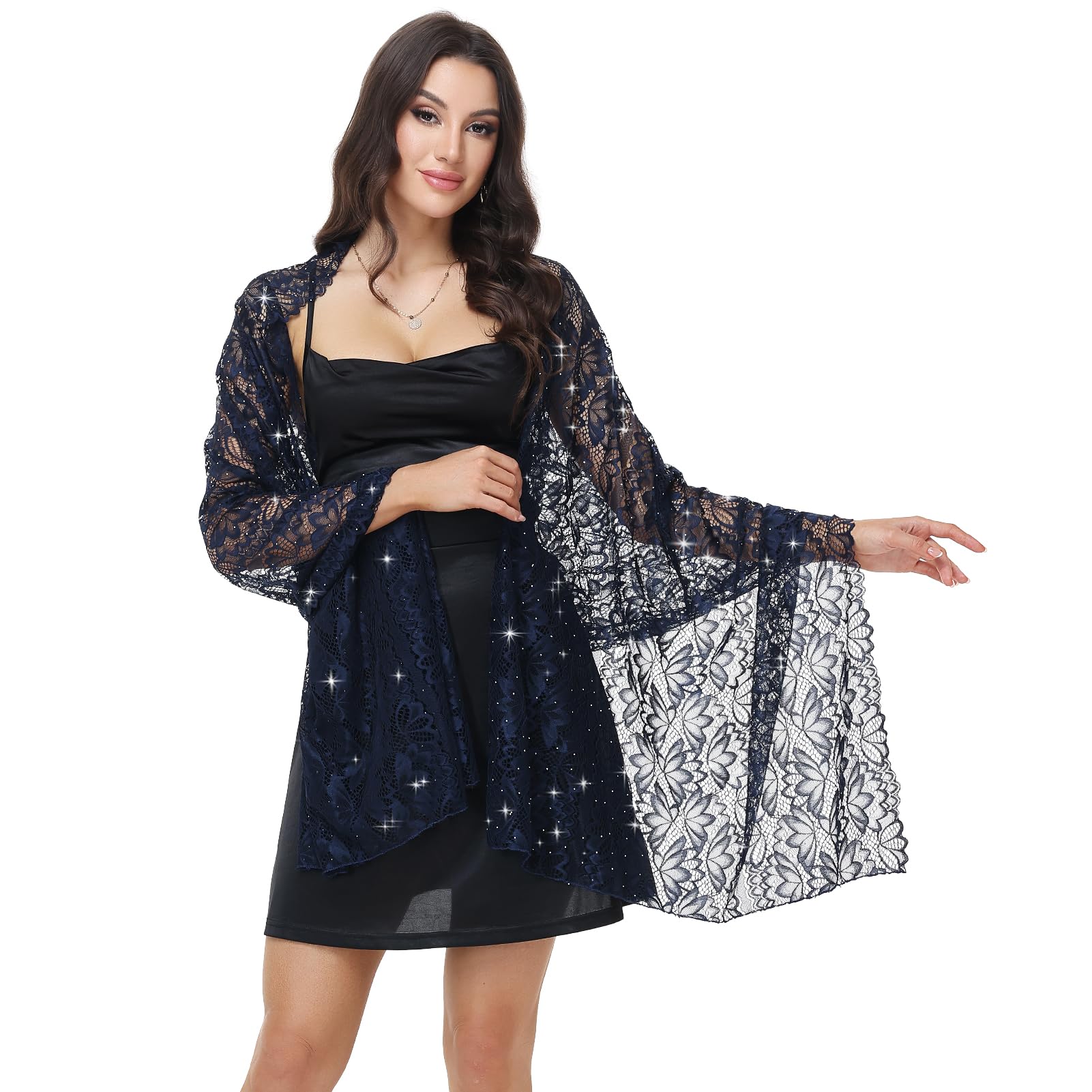 Ladiery Women's Navy Sparkly Shawls And Wraps For Evening Dresses,Sequin Lace Wedding Shawl With Rhinestones, Formal Stole For Party