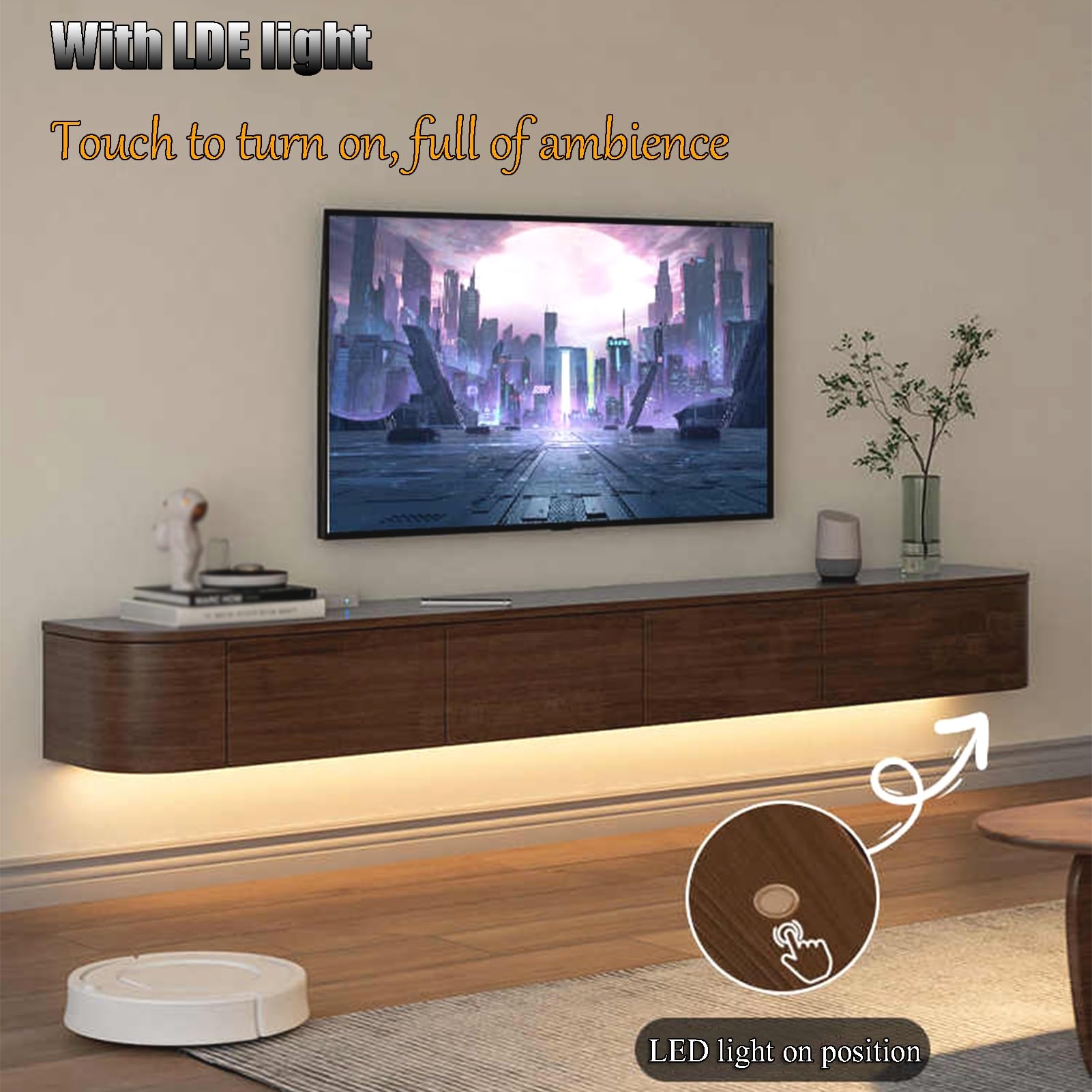 Slish - Mobile TV sospeso in noce con illuminazione ambientale, moderno 180/200/220/240 cm, mobile da parete per soggiorno e ufficio Sk Design Multifunctal Sto Solut
